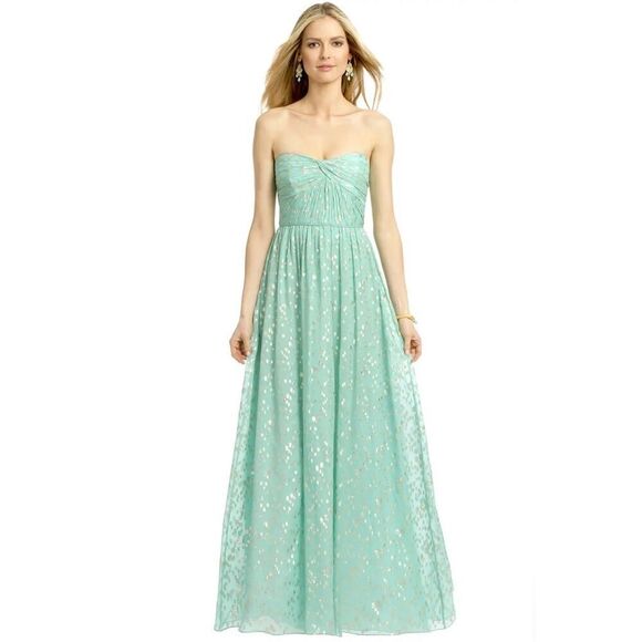 NWT Shoshanna Jennifer Aqua Gold Strapless Maxi A-line Formal SILK Dress sz 4 - Picture 1 of 13